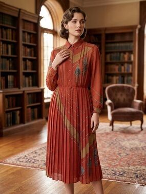 Vintage made in Japan Red Long-Sleeve Pleated Midi Dress with Collar